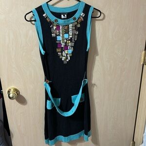 Nanette Lepore Women’s Black & Turquoise Beaded Knit Bodycon Dress Artsy Boho S